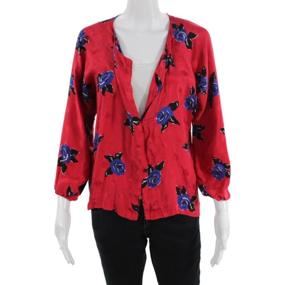 Muze Womens Red Floral Kimono Blouse 3/4 Sleeve Button Polyester Size S